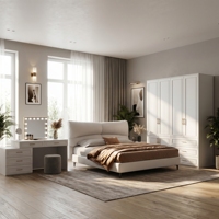 Offre Spéciale : Ensemble de Meubles de Chambre Minimalistes en Bois – Lit King Size Rembourré et Armoire Shaker avec Rangement pour Hôtels et Appartements