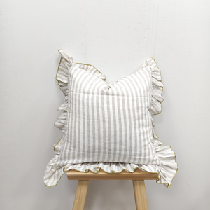 White 100% Linen Stripe Throw Pillow Covers Linen Ruffles Square Throw <strong>Cushion</strong> Cover with Hidden Zipper, 18" <strong>X</strong> 18" - Product Image 2