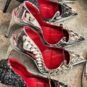 Sandales à talons aiguilles pour femmes, ornées de grands strass et de découpes, chaussures d'été habillées - Product Image 5