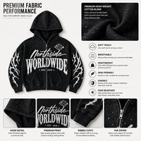 Sweat-shirt en coton épais pour homme, coupe oversize unisexe, avec fermeture éclair intégrale, imprimé, effet délavé, coupe décontractée, vente en gros