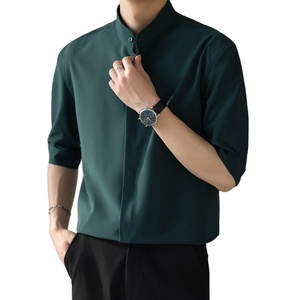 New Chinese stand-up collar men's shirt short sleeve summer ice silk high-grade men's seven-point mid-sleeve Stand collar shirt