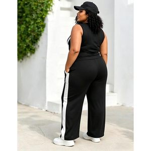 FOXA Women's Plus Size 2 Piece Outfit Sleeveless Tank Top Wide Leg Pants Side Stripe Summer Casual Lounge <b>Set</b> - Product Image 4
