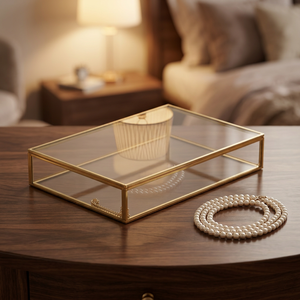 Wholesale Luxury Modern Rose Gold Metal Frame Glass <b>Storage</b> Organizer Box with Custom Size & Shape for Jewelry and Makeup - Product Image 1