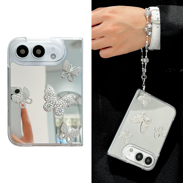 Luxury 3D Rhinestone Butterfly Mirror Case for iPhone Duo Fold 18 Crystal Wrist Chain Strap Makeup Bling Shockproof Custom