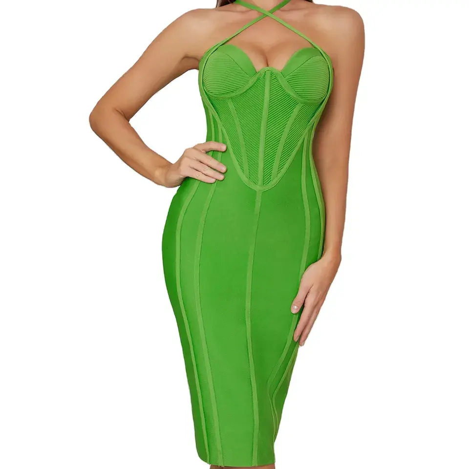 Wholesale Women Fashion Outfit 2023 New Style Green Crossover Midi Bodycon Sexy Bandage Dress Women