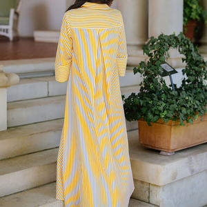 Vestido <span class=keywords><strong>Maxi</strong></span> Amarillo a Rayas con Botones para Mujer, Manga <span class=keywords><strong>3</strong></span>/4, Corte Holgado en A, Antiarrugas, Casual, para Verano, Playa o Vacaciones - Product Image 2
