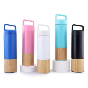 Bamboo Base Insulated Water <b>Bottle</b>, Stainless Steel Vacuum <b>Flask</b> with Handle Lid - Product Image 2