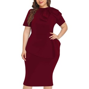 Vestido Midi ceñido al cuerpo de talla grande para mujeres con curvas, suministro ODM, <span class=keywords><strong>vestidos</strong></span> de lápiz con volantes y lazo de manga corta para fiestas de cóctel semiformales - Product Image 5