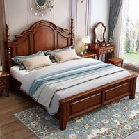 Cama de Madera Maciza Estilo Americano con Cabecera Artesanal, Cama Doble, King Size, Queen Size, Juego de Muebles de Dormitorio de Lujo Estilo Francés