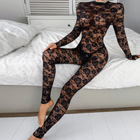Bodystocking sexy à manches longues en dentelle avec col montant, dos ouvert, motif floral et string séparé – Lingerie sexy pour femme – Vente en gros