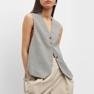 <b>Women's</b> Custom Tailored Vest Combo V-Neck Sleeveless <b>Waistcoat</b> with Adjustable Strap Striped Back Loungewear Decorated Buttons - Product Image 1