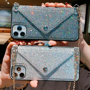 Glitter Luxury Diamond Wallet Card Phone Case For Iphone 13 Pro Max Xr Xs Max Shining Crossbody Cover With Chain