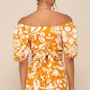 Custom Hawaiian Orange Floral Print Off-shoulder V-neck Cropped <b>Top</b> High-quality <b>Linen</b> Wrap-style Cropped <b>Top</b> - Product Image 2