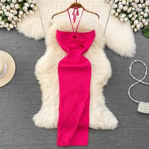 Venta al por mayor Fairy Sweet Slim Fit Tight Knit <span class=keywords><strong>Dress</strong></span> Colgando Cuello Fuera del Hombro Fiesta Sexy Slit Falda Larga - Product Image 2