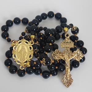 <span class=keywords><strong>Rosario</strong></span> Católico Vintage con Cuentas <span class=keywords><strong>de</strong></span> Ónix Negro y Medalla Milagrosa Dorada, Joyería <span class=keywords><strong>de</strong></span> Fe Cristiana - Product Image 1