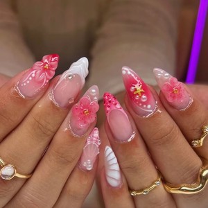 24 Uñas Postizas Acrílicas Románticas de <span class=keywords><strong>Color</strong></span> <span class=keywords><strong>Rosa</strong></span> con Diseño Floral 3D y Detalles de Cristal, Uñas a Presión Personalizables - Product Image 1
