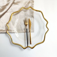 Assiettes de présentation en verre à bord ondulé et bordure dorée, assiettes décoratives transparentes pour mariage, fête, banquet, décoration de table