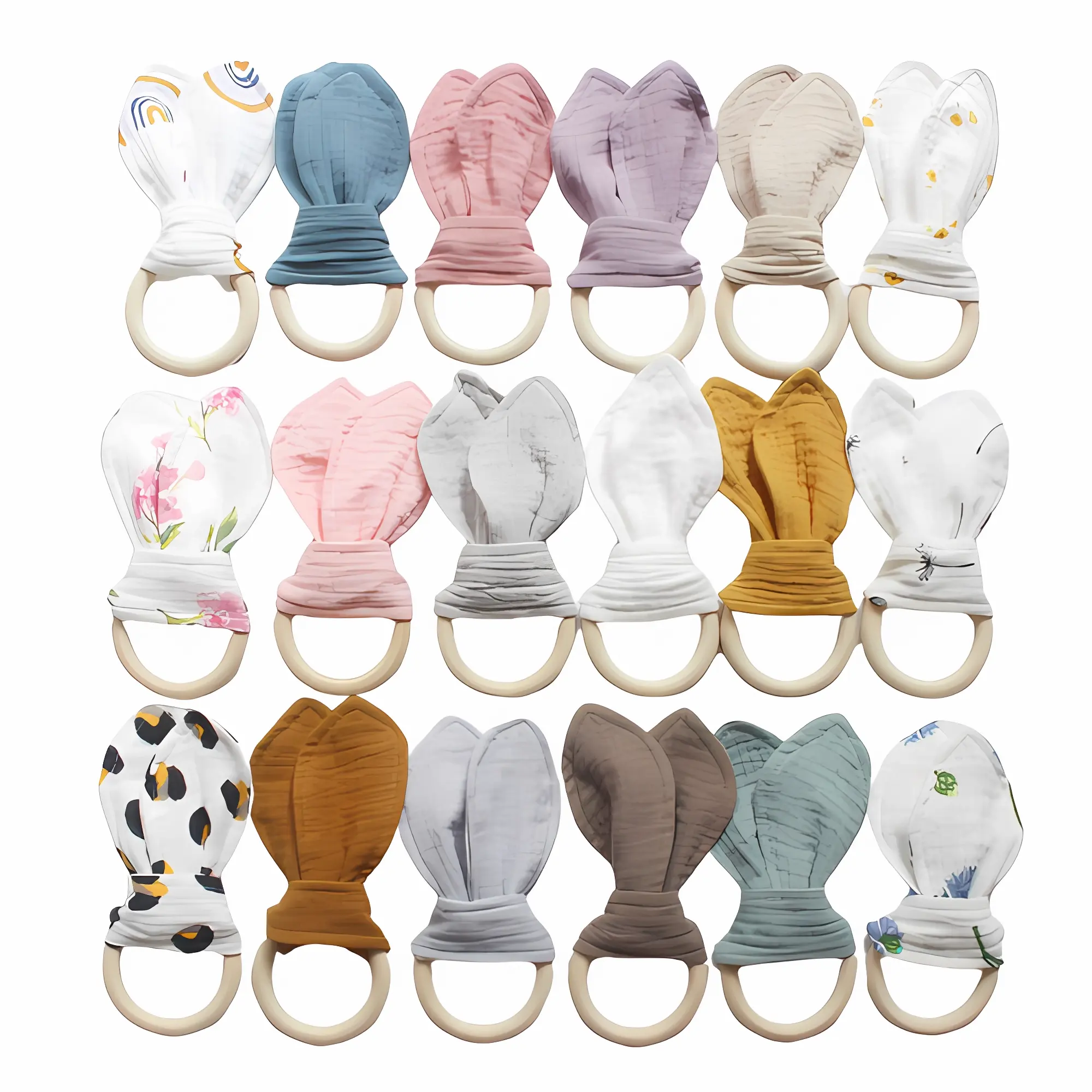 Bunny Ear Muslin Natural Crochet Organic Bunny Baby Wood Rattle Toy Natural Wooden Teething Ring Rattle Baby Toys