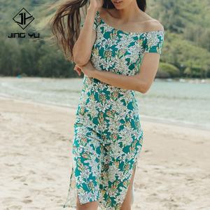 Custom Less Wrinkle <b>Rayon</b> the 130gsm a Polyester Spandex Material and a Jersey Knit Material Hawaiian <b>Dresses</b> Casual Women - Product Image 5