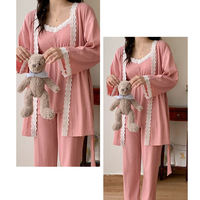 Set Tiga Potong Katun Sisir untuk Ibu Hamil dan Menyusui, Pakaian Tidur dengan Bantalan Dada, Ukuran ML-XL-XXL