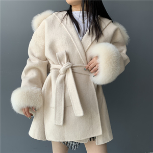 Custom Fuzzy Fur <strong>Hood</strong> Double Faced Woolen <strong>Coat</strong> Belt Soft Winter Fluffy Big Real Fox Fur Collar Cuffs Luxury <strong>Wool</strong> <strong>Coat</strong> for Women - Product Image 3