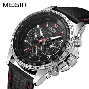 Megir 1010男士手表Reloj Montres Homme计时手表顶级品牌奢华皮革表带男士运动石英男士手表