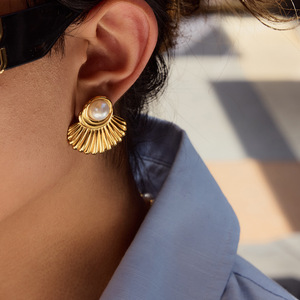 Pearl <b>Stud</b> <b>Earrings</b> Gold Plated Fan Shape Bezel Set Everyday Wear - Product Image 3