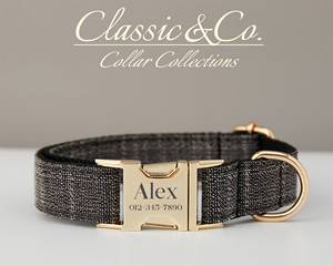 Đen Tweed cá nhân con chó cổ áo BOW TIE Dây Xích thiết lập, tùy chỉnh khắc tên vật nuôi kim loại khóa, lilac sinh nhật Puppy quà tặng, miễn phí - Product Image 1