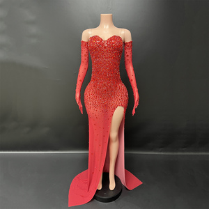 Novance Y4882-G <span class=keywords><strong>Abito</strong></span> da Sera <span class=keywords><strong>Elegante</strong></span> da Donna in Rete Trasparente Aderente con Strass Rosso e Guanti - Product Image 2
