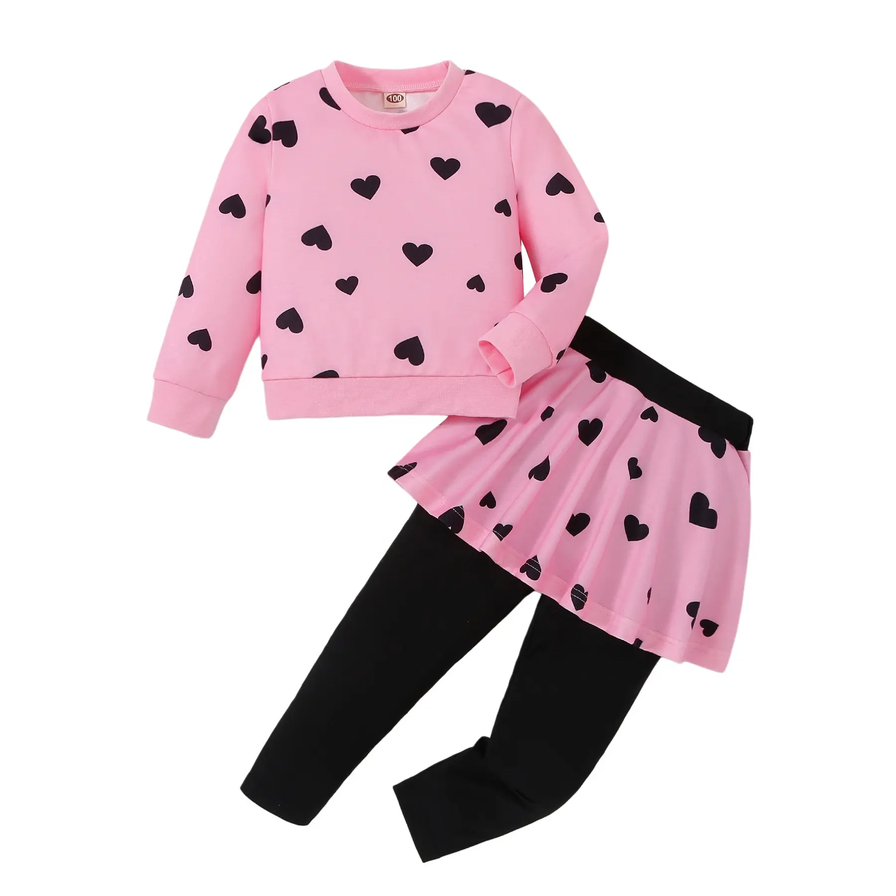 Valentine's Day girls long sleeve clothes children's two dresses love crew-neck suit kids pink clothing sets