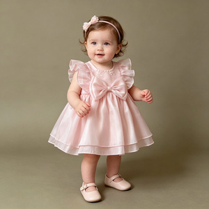 Vestito da Principessa in Raso Rosa per Bambina con Grande Fiocco, Maniche a Volant e Tutu, Abito Formale per Compleanno, Matrimonio e Feste - Product Image 2