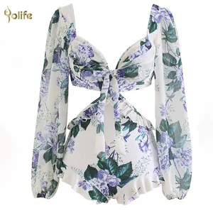 Yolife-bañador de talla grande para mujer, traje de baño de gasa con estampado de manga larga, ropa de baño de una pieza, talla grande