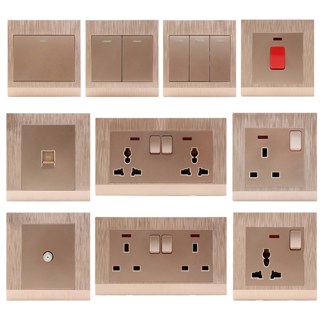ABUK OEM UK/EU 10A 13A 250V 1/2/3/4 Gang PC Panel TEL Wall Light Push Button Electric Switches USB Double 3PIN Socket With Neon