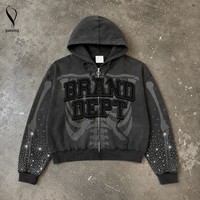 Sudadera con capucha pesada para hombre, personalizada, con cremallera, lavado ácido, gráfico de esqueleto, bordado de pedrería, estilo urbano, efecto desgastado por el sol, corte holgado, OEM