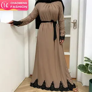2022 # Moslim Beige Vloeiende Jersey Jurk Islam Vrouwen Maxi Lange Jurken Met Elegante Zwarte Applique O-hals Lange Mouwen Abaya jurk