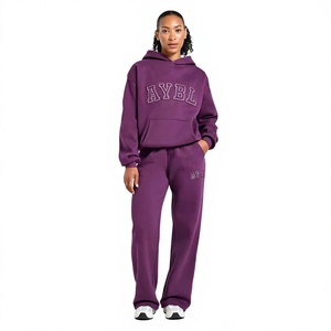 Custom Logo <b>Women</b> Sweat Suit Heavyweight Fleece Hoodie and Wide Leg Sweatpants <b>Set</b> Oversized Casual Pullover Matching Outfit - Product Image 1