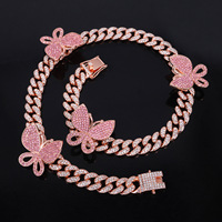 Collar de Cadena Cubana de Aleación de Zinc con Mariposa en Oro Rosa y Alas de Cristal Rosa, Estilo Iced Out, para Hombres y Mujeres, Joyería Hip Hop de Moda
