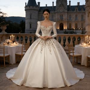 Vestido de Novia de Encaje con Falda de Tul, 100% Poliéster, Tela de Alta Calidad con Cola Larga, Diseño Francés, Súper Encantador y de Fantasía - Product Image 4