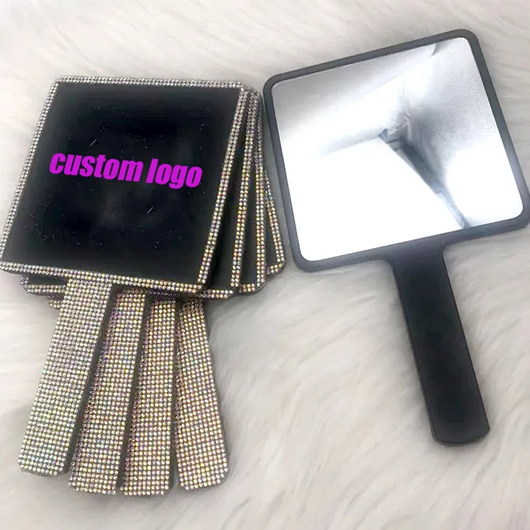 Small Design Square Handheld Makeup Mirror with diamonds Hand Held Makeup Mirrors Plastic Square Portable mirror