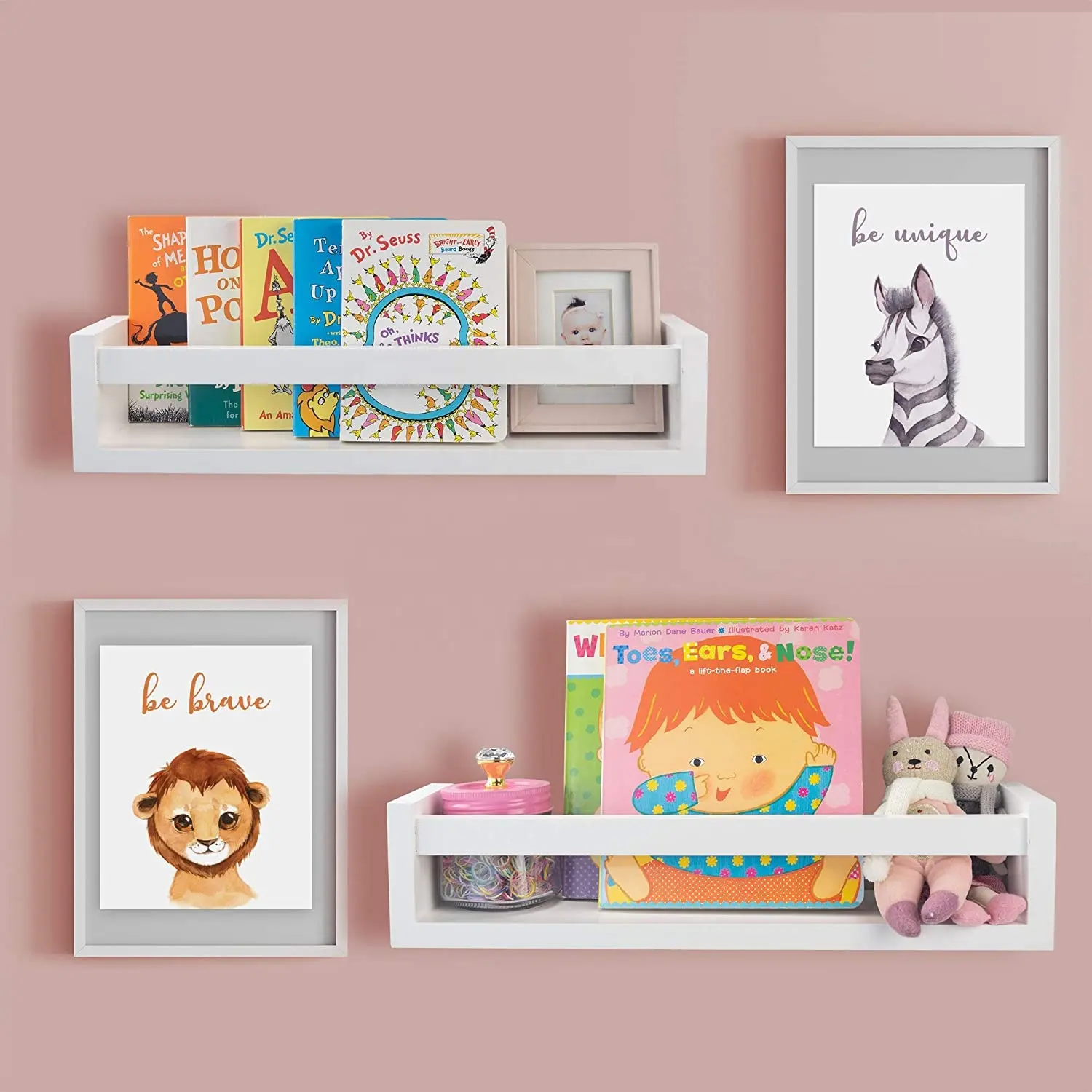 Beautiful Nursery Book Shelves mit Cute Animal Prints Set für Kids Room - Easy zu Install Floating Bookshelf Set von 2