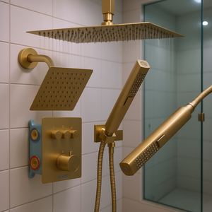 Sistema de ducha de lluvia Vevor de 12 pulgadas con acabado dorado cepillado, montaje en techo, kit de válvula de montaje en pared y rociador de mano - Product Image 2