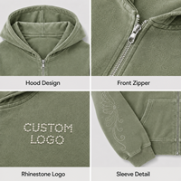 Sudadera con capucha beige vintage lavada para mujer al por mayor, con cremallera, estampado geométrico personalizado, efecto desgastado, estilo oversize informal
