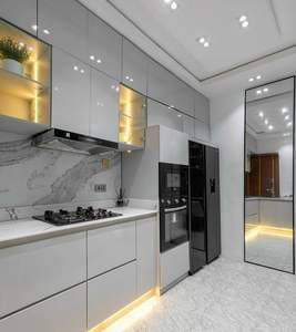 Sleek High-Gloss Customizable Oak MDF Modular <b>Black</b> Kitchen <b>Cabinets</b> for Contemporary Villa Kitchen Spaces - Product Image 5