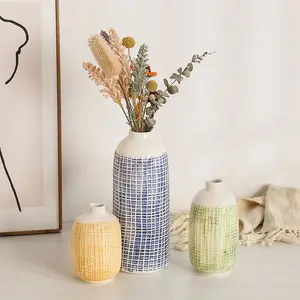 3 Pcs Set Retro Handmade Modern Nordic Home Decorative Green Blue Orange Basket Weave Ceramic Flower Porcelain Vase