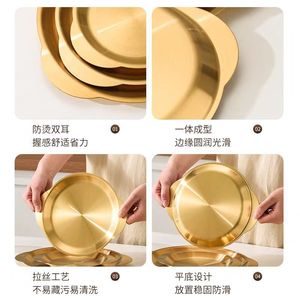 Korean Style Double Eared Round Stainless Steel Plate 15-15.9cm Solid Color <b>Microwave</b> Safe Flat Bottom Dish - Product Image 3