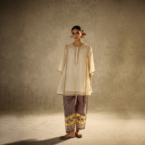 White Embroidered <b>Kurta</b> Top With Black Striped Palazzo Pants Loose Fit Traditional Indian Pakistani Set - Product Image 1