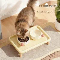Table de repas portable en céramique pour chat et chien, avec support surélevé anti-fuite et bols pour nourriture/eau