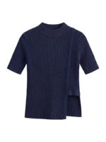 Pull en maille pour femme, style bureau, avec fente latérale, couleur unie, texture côtelée, bleu marine, manches mi-longues, personnalisable (ODM/OEM)