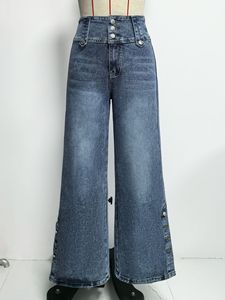 Jean évasé taille haute pour femme en denim bleu avec détails boutonnés sur le côté – Style décontracté et tendance - Product Image 4