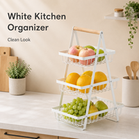 Étagère de rangement de cuisine à 3 niveaux en fer durable et peu encombrante avec poignée en bois pour un rangement alimentaire organisé